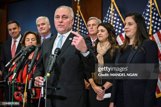 House Minority Whip Steve Scalise, R-LA, speaks after Republicans met to choose their leaders at the US Capitol in Washington, DC on November 15,...