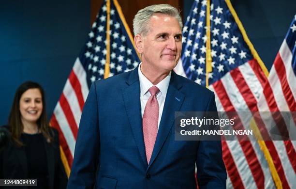 House Minority Leader Kevin McCarthy, R-CA, walks to the podium to speak after he was nominated to be Speaker of the House at the US Capitol in...