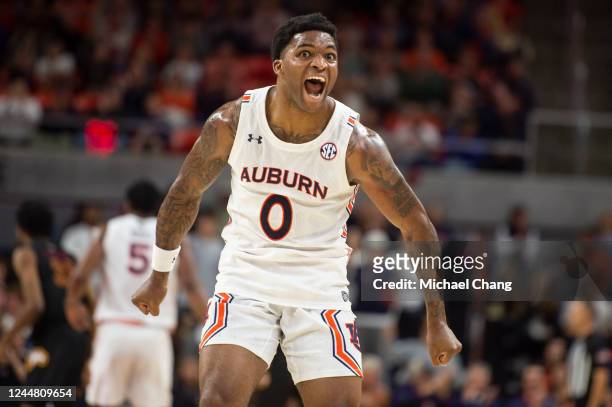 Johnson of the Auburn Tigers reacts after scoring during the first half of their game against the Winthrop Eagles at Neville Arena on November 15,...