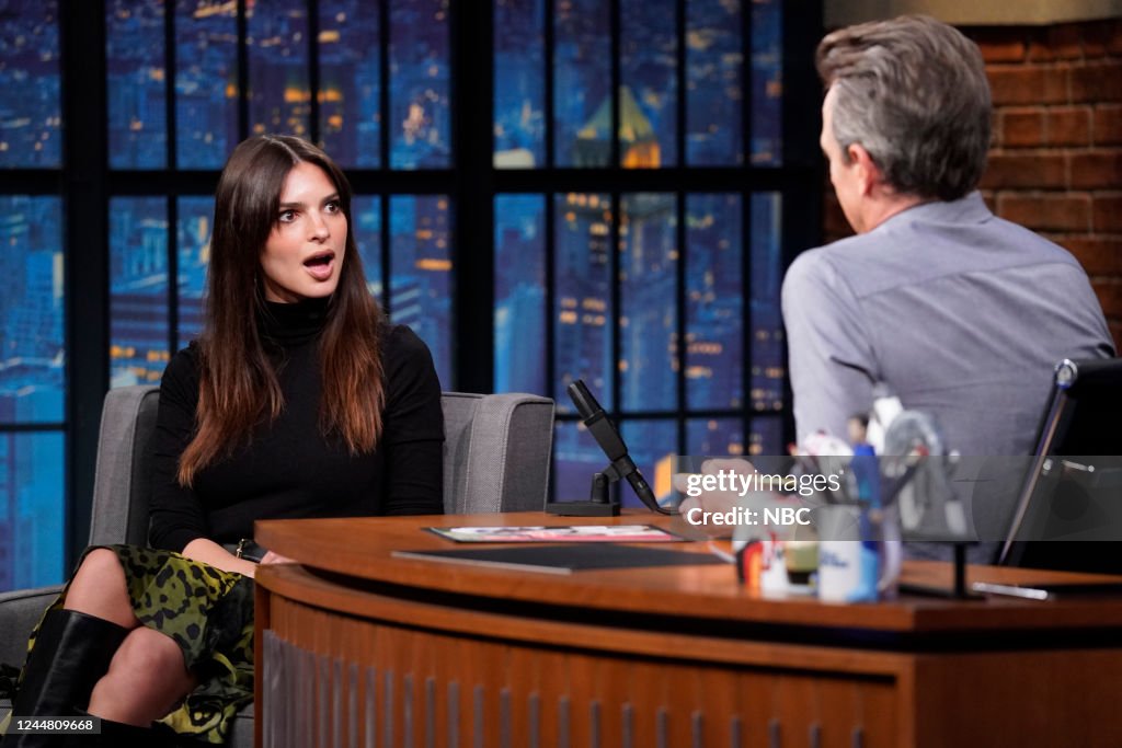Seth Ratajowski Model Emily Ratajkowski during an interview with host Seth Meyers on ...
