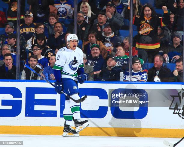 Dakota Joshua of the Vancouver Canucks celebrates his first period goal against the Buffalo Sabres during an NHL game on November 15, 2022 at KeyBank...
