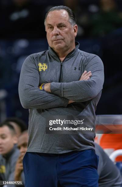 Head coach Mike Brey of the Notre Dame Fighting Irish is seen during the game against the Youngstown State Penguins at Joyce Center on November 13,...