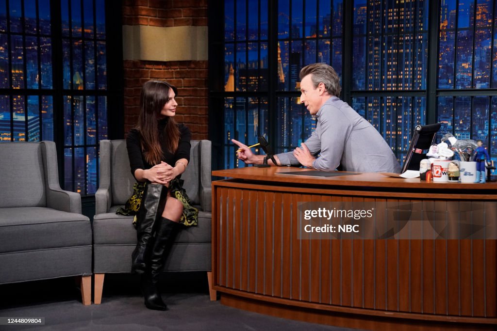 Seth Ratajowski Model Emily Ratajkowski during an interview with host Seth Meyers on ...