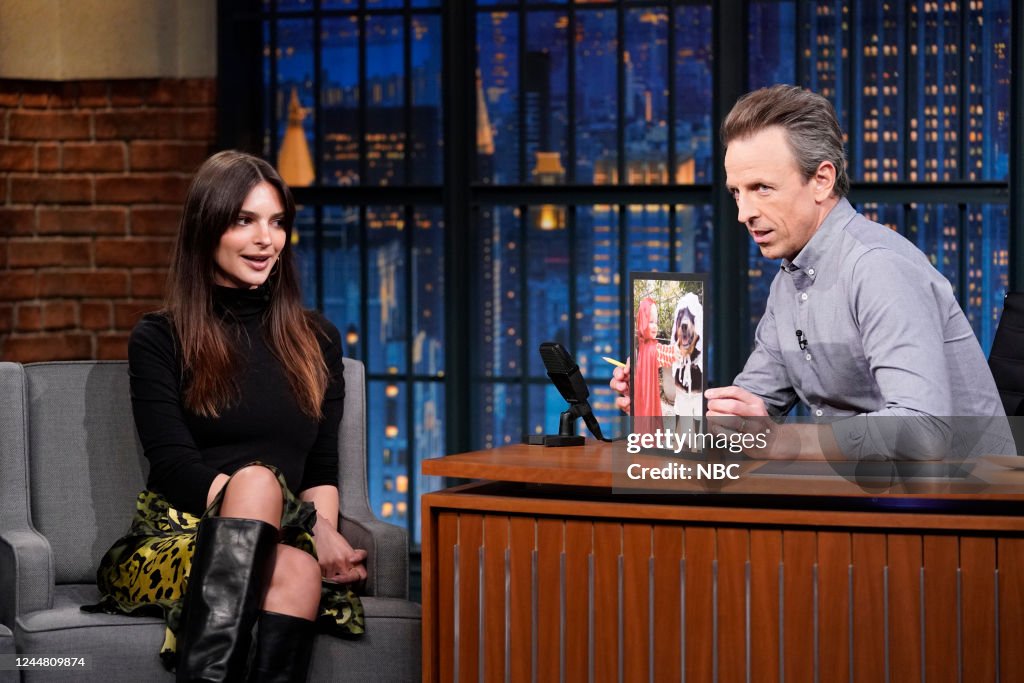 Seth Ratajowski Model Emily Ratajkowski during an interview with host Seth Meyers on ...
