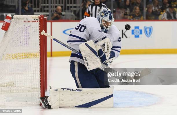 Matt Murray of the Toronto Maple Leafs makes a save in the first period during the game against the Pittsburgh Penguins at PPG PAINTS Arena on...