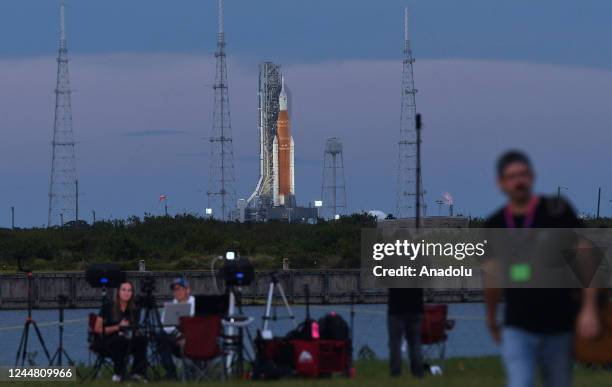 S Space Launch System rocket with the Orion spacecraft stands on launch pad 39B as final preparations are made for the Artemis I mission at the...