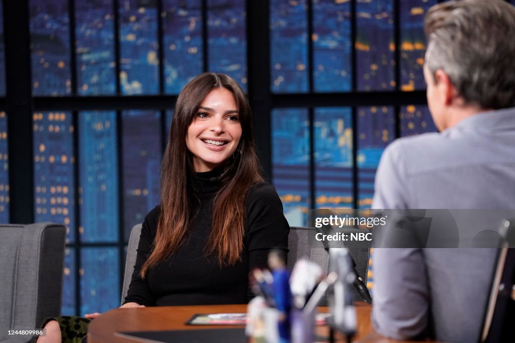 Seth Ratajowski Model Emily Ratajkowski during an interview with host Seth Meyers on ...