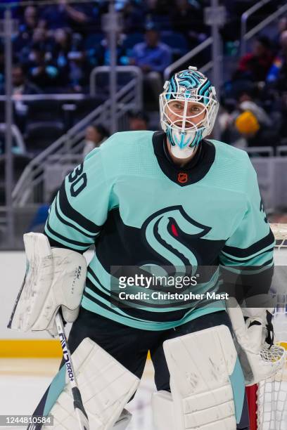 Martin Jones of the Seattle Kraken prepares for the start of the second period of a game against the Winnipeg Jets at Climate Pledge Arena on...