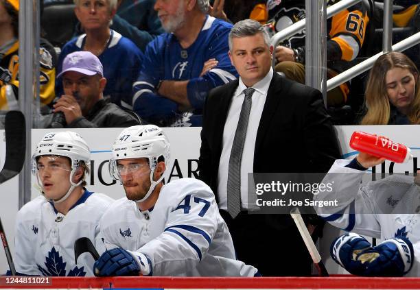 Sheldon Keefeo of the Toronto Maple Leafs looks on during the game against the Pittsburgh Penguins at PPG PAINTS Arena on November 15, 2022 in...