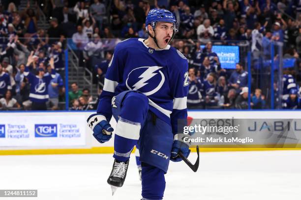 Nicholas Paul of the Tampa Bay Lightning celebrates his goal against the Dallas Stars during the second period at Amalie Arena on November 15, 2022...