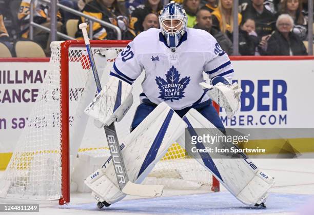 Toronto Maple Leafs Goalie Matt Murray tends net during the second period in the NHL game between the Pittsburgh Penguins and the Toronto Maple Leafs...