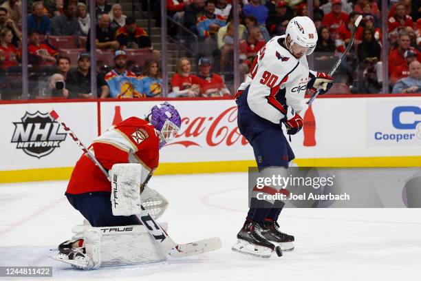 Marcus Johansson of the Washington Capitals attempts to tip the puck past goaltender Sergei Bobrovsky of the Florida Panthers during second-period...