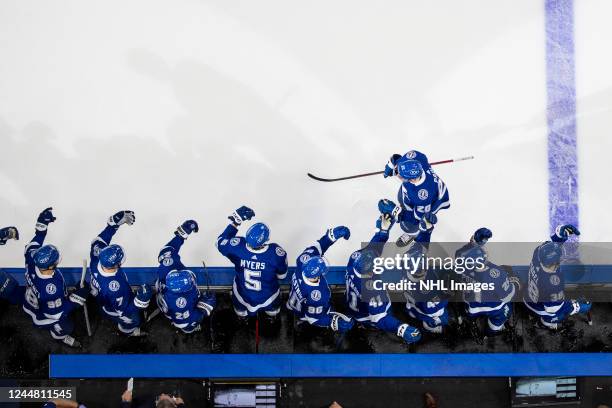 Nicholas Paul of the Tampa Bay Lightning celebrates his goal with teammates against the Dallas Stars during the second period at Amalie Arena on...