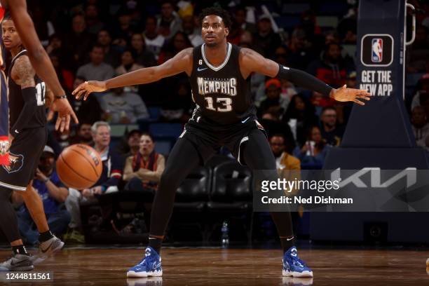 Jaren Jackson Jr. #13 of the Memphis Grizzlies plays defense during the game against the New Orleans Pelicans on November 15, 2022 at the Smoothie...