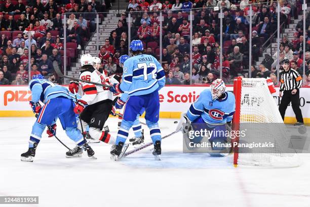 Goaltender Jake Allen of the Montreal Canadiens is caught out of position during the third period of the game against the New Jersey Devils at Centre...