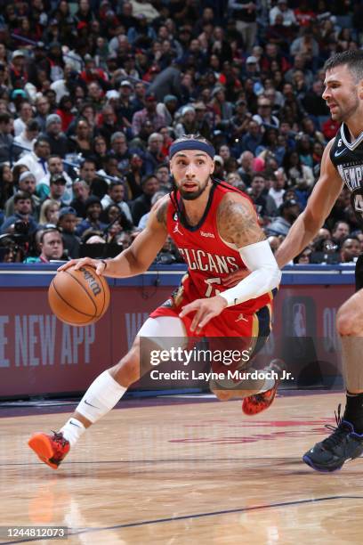 Jose Alvarado of the New Orleans Pelicans drives to the basket during the game against the Memphis Grizzlies on November 15, 2022 at the Smoothie...