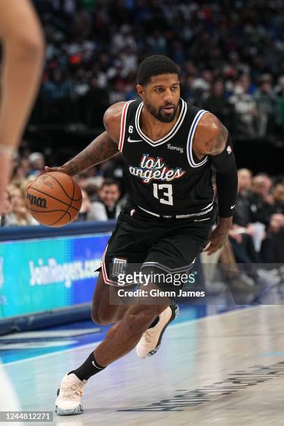 Paul George of the LA Clippers drives to the basket during the game against the Dallas Mavericks on November 15, 2022 at the American Airlines Center...