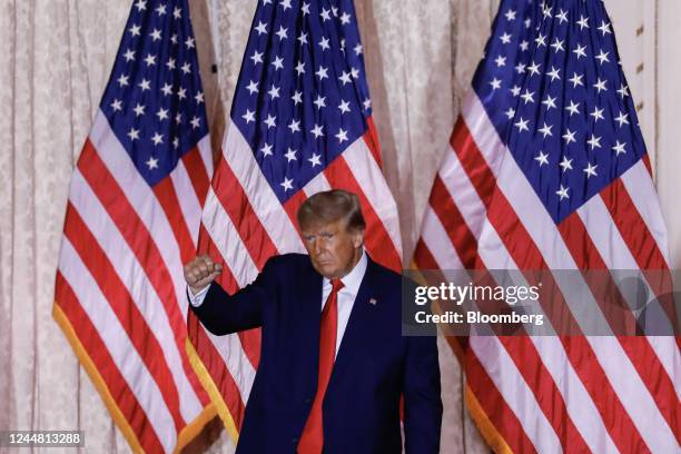 Former US President Donald Trump gestures after speaking at the Mar-a-Lago Club in Palm Beach, Florida, US, on Tuesday, Nov. 15, 2022. Trump formally...