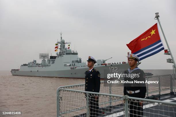 The missile destroyer Suzhou of the 41st fleet of the Chinese People's Liberation Army Navy returns to a military port in Zhoushan, east China's...