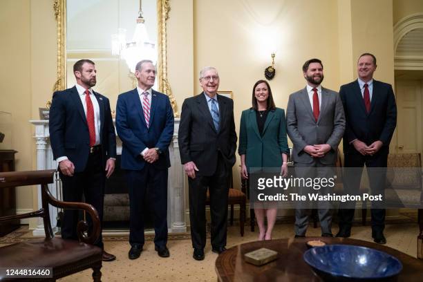 Washington, DC From left Sen-elect Markwayne Mullin, R-Okla., Sen-elect Ted Budd, R-N.C., Sen-elect Katie Britt R-Ala., Sen.-elect JD Vance R-Ohio,...