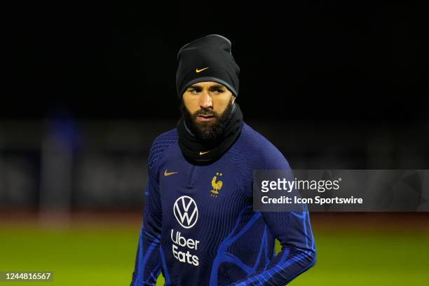 Karim Benzema is warming up during the 2nd training of the French Soccer National Team prior to the departure for the Soccer World Cup 2022, at the...