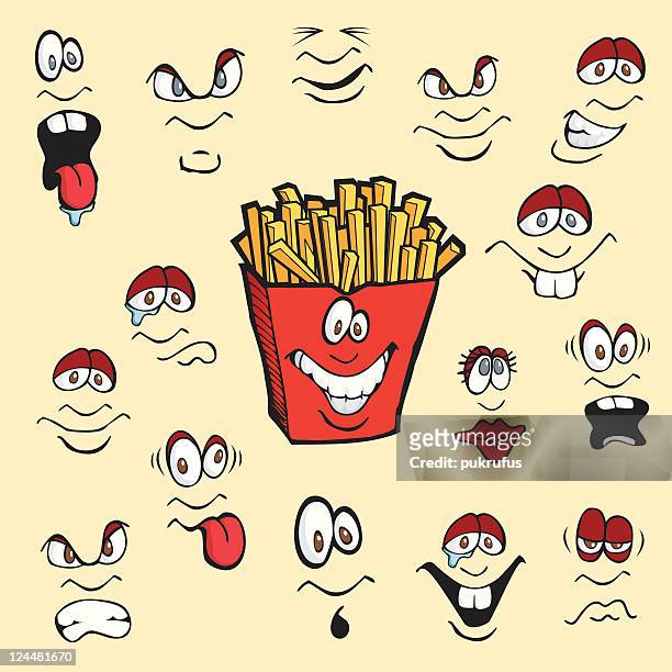 ilustraciones, imágenes clip art, dibujos animados e iconos de stock de patatas fritas de expresión - potato smiley faces