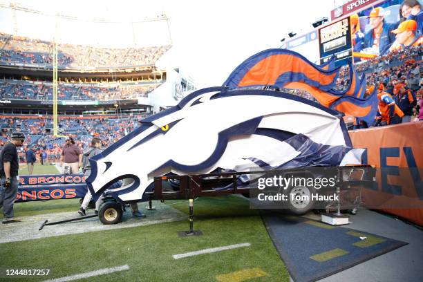 Denver Broncos tunnel logo during an NFL football game between the Denver Broncos and the New York Giants on Sunday, Oct. 15 in Denver.