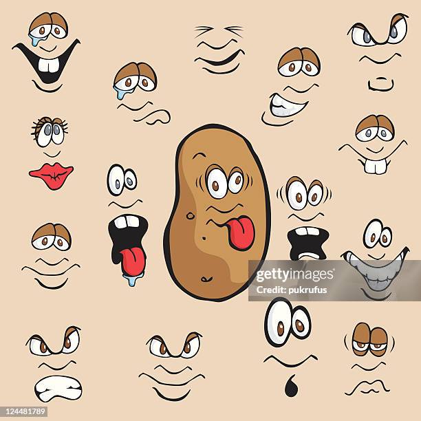 ilustraciones, imágenes clip art, dibujos animados e iconos de stock de expresiones de papas - potato smiley faces