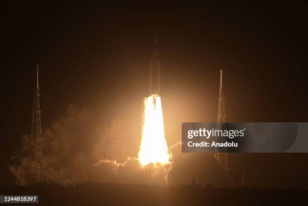 S Space Launch System rocket with the Orion spacecraft launches from pad 39B at the Kennedy Space Center for the Artemis 1 mission on November 16,...