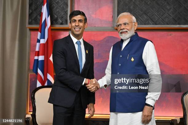 British Prime Minister Rishi Sunak and India's Prime Minister Narendra Modi hold a bilateral meeting on November 16, 2022 in Nusa Dua, Indonesia. The...