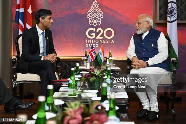 British Prime Minister Rishi Sunak and India's Prime Minister Narendra Modi hold a bilateral meeting on November 16, 2022 in Nusa Dua, Indonesia. The...