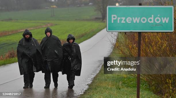 Members of the Police searching the fields near the village of Przewodow in the Lublin Voivodeship, seen on November 16, 2022 in Przewodow, Poland....