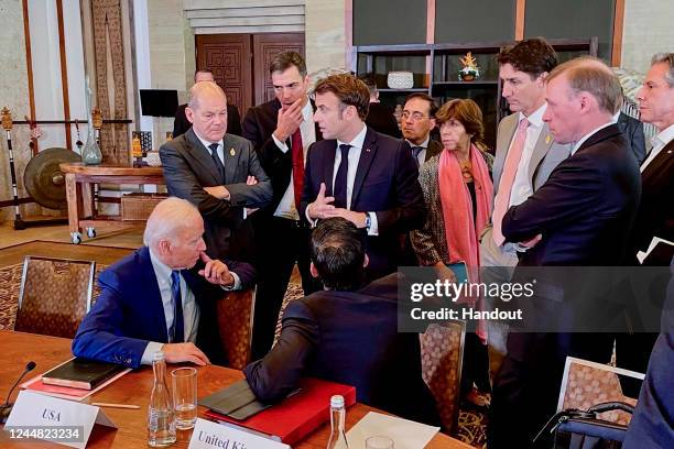 In this handout image provided by German Government Press Office , US-President Joe Biden, German Chancellor Olaf Scholz, Spanish Prime Minister...