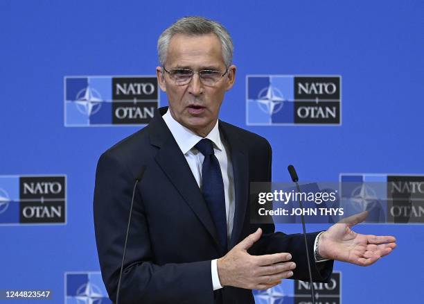 Secretary General Jens Stoltenberg gestures as addresses media after a meeting of the North Atlantic Council, following yesterday's explosion in...