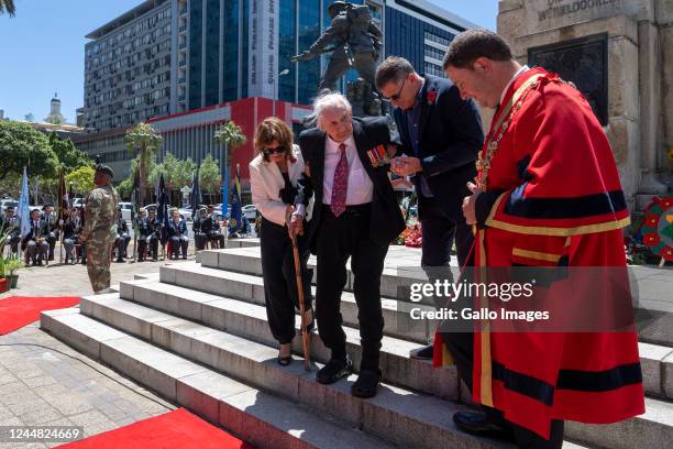 Cape Town Mayor Geordin Hill-Lewis at the annual Remembrance Day memorial service and wreath-laying parade at the Cenotaph War Memorial Statue in...