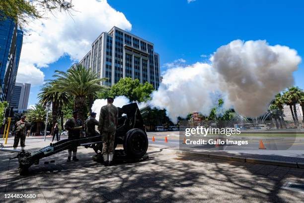 Cannon is fired at the annual Remembrance Day memorial service and wreath-laying parade at the Cenotaph War Memorial Statue in Heerengracht Street on...