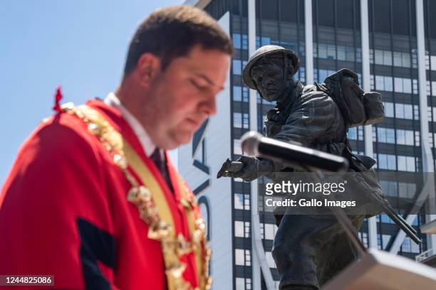 Cape Town Mayor Geordin Hill-Lewis at the annual Remembrance Day memorial service and wreath-laying parade at the Cenotaph War Memorial Statue in...