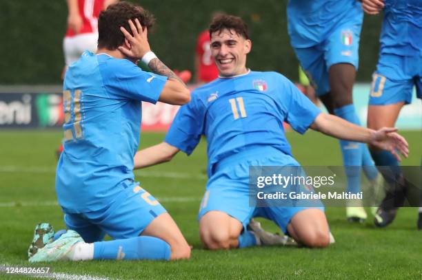 Samuele Vignato of Italy U19 celebrates after scoring a goal the friendly match between Italy U19 and Hungary U19 at Centro Tecnico Federale di...