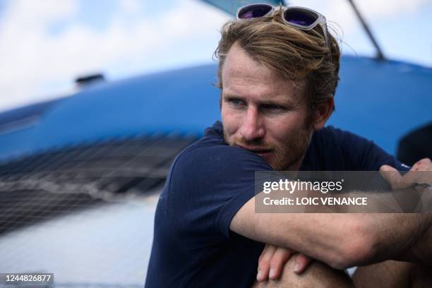 French skipper Francois Gabart speaks to media from aboard his Ultim multihull SVR Lazartigue, upon his arrival to place second in Route du Rhum...