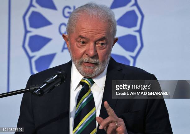 Brazilian president-elect Luiz Inacio Lula da Silva speaks during the COP27 climate conference in Egypt's Red Sea resort city of Sharm el-Sheikh on...