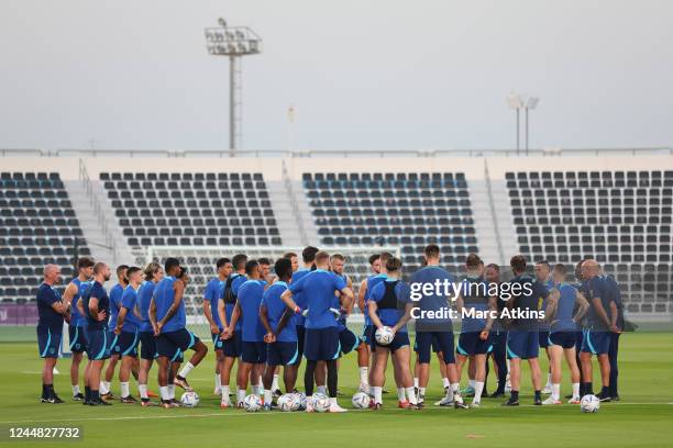 England players huddle during the England Training Session at Al Wakrah Stadium on November 16, 2022 in Doha, Qatar.