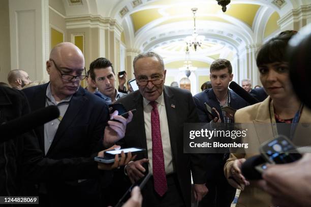 Senate Majority Leader Chuck Schumer, a Democrat from New York, center, speaks to members of the media at the US Capitol in Washington, DC, US, on...