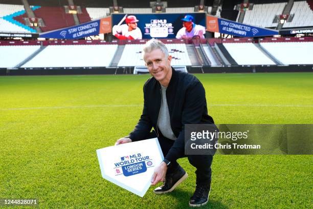 Chase Utley poses for a photo on the field during the MLB World Tour: London Series 2023 at London Stadium at Queen Elizabeth Park on Wednesday,...