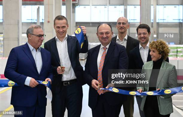 La Louviere Mayor Jacques Gobert, Matus Gala CEO LIDL Belgique, Walloon Vice-Minister President Willy Borsus, Matthias Deleu CEO Director Regional...