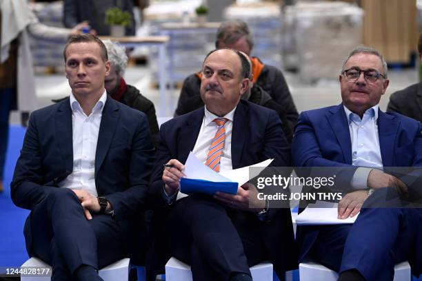 Matus Gala CEO LIDL Belgique, Walloon Vice-Minister President Willy Borsus and La Louviere Mayor Jacques Gobert are pictured during the inauguration...