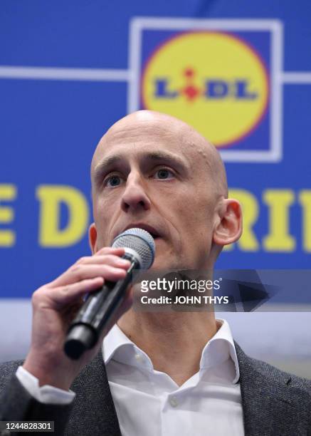 Matthias Deleu CEO Director Regional Lidl talks during the inauguration of the Lidl distribution centre in La Louviere, Wednesday 16 November 2022,...