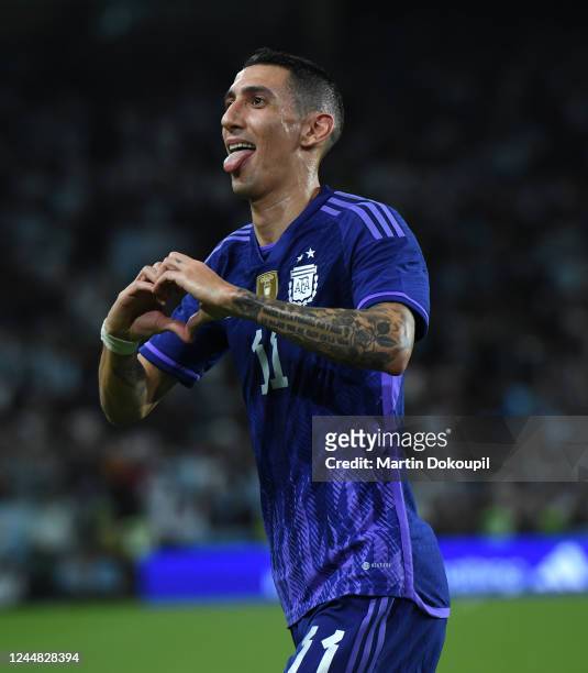 Angel Di María of Argentina celebrates after scoring during the international friendly between United Arab Emirates and Argentina at Mohamed Bin...