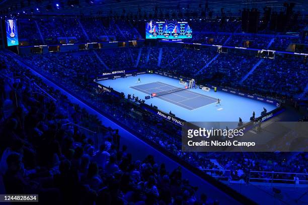 General view inside Pala Alpitour is seen during the round robin match between Andrey Rublev of Russia and Novak Djokovic of Serbia during day four...