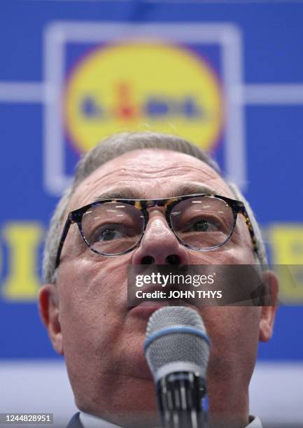 La Louviere Mayor Jacques Gobert and talks during the inauguration of the Lidl distribution centre in La Louviere, Wednesday 16 November 2022, in La...