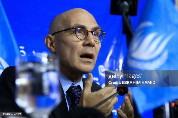 The United Nations Human Rights Commissioner Volker Turk gives a press conference in the SUdanese capital Khartoum, on November 16 at the end of his...
